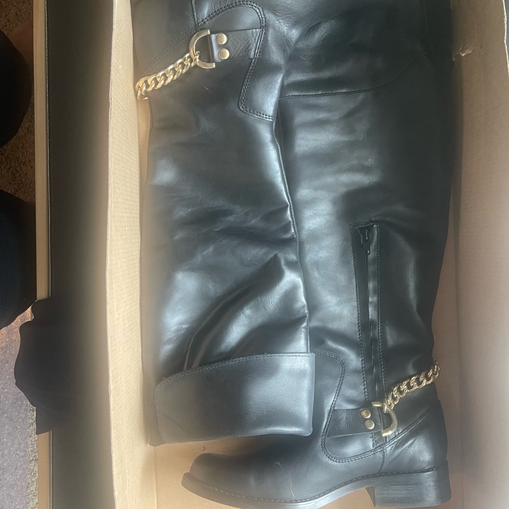 Steve Madden Black Over the Knee Boots with Gold Chain
